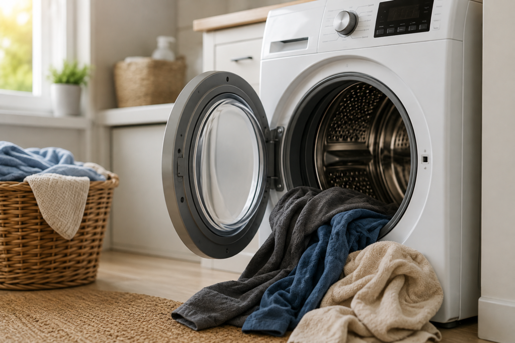 A white front-loading washing machine with its door open and towels spilling out, shown alongside tips related to dryer not heating troubleshooting in a laundry room setting.