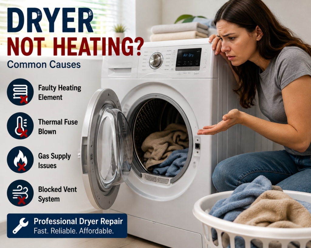 A concerned woman looks at a dryer not heating with its door open, beside a list of common causes including a faulty heating element.